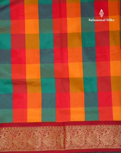 9 Yards Semi Silk Saree Paalum Pazham Checks With Contrast Maroon Traditional Border