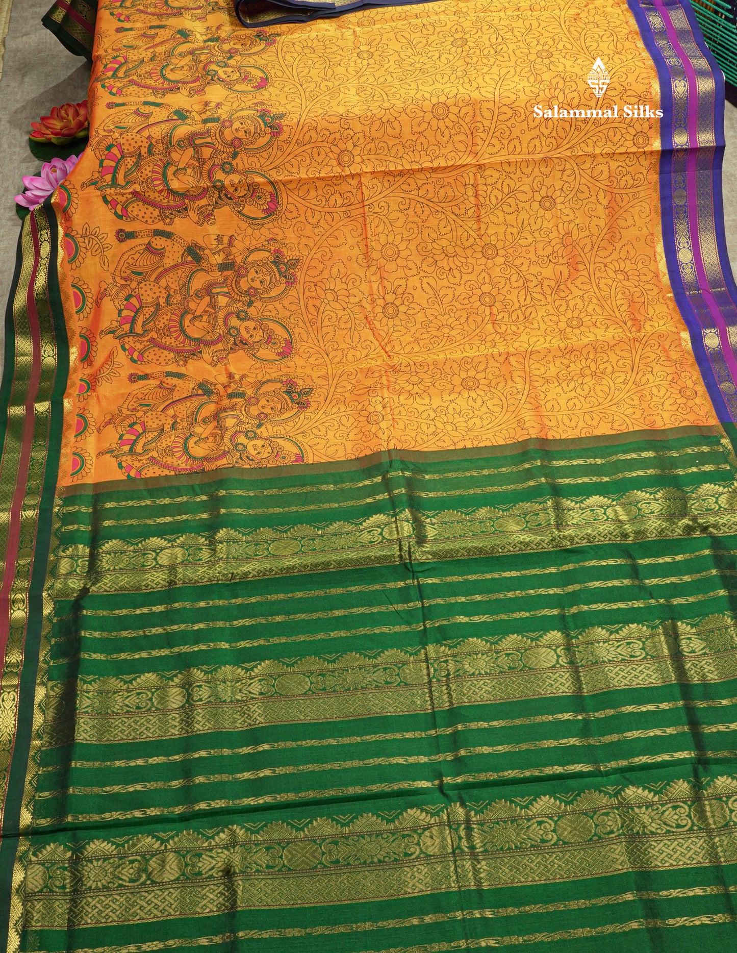 Beautiful Orangish yellow Kalamkari Design Pure Silk Cotton Saree With Ganga Jamuna Border
