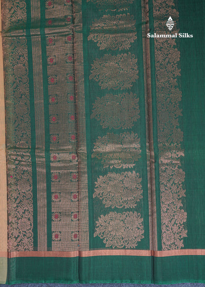 Beautiful Sandal Meenakari Work SICO Cotton Saree With Contrast Bottle Green Blouse