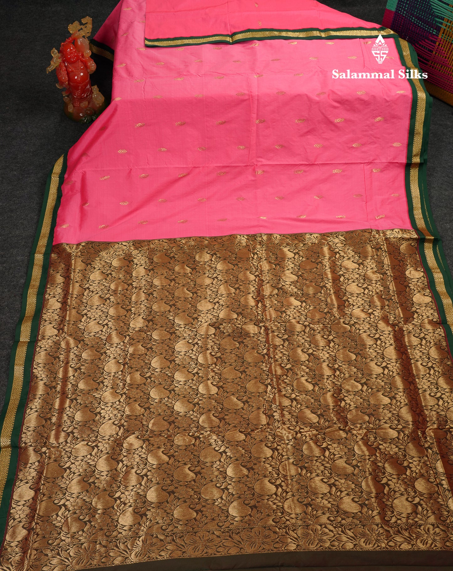 9 Yards Semi Silk Saree Peacock Green With Contrast Pink Traditional Small Border