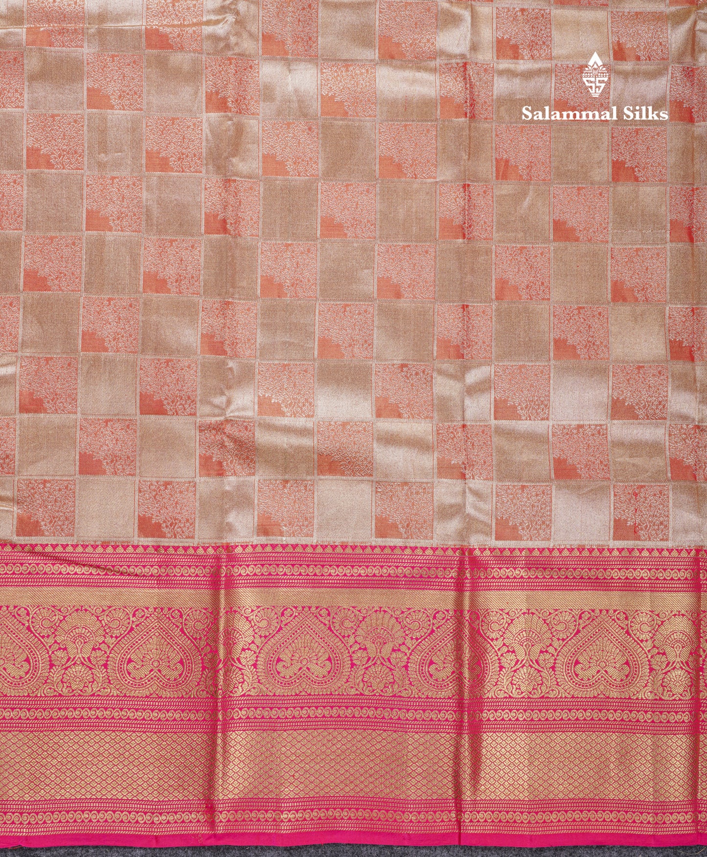 Beautiful Gold Checks Tissue Bridal Pure Mix Silk Saree With Contrast Pink Traditional Evening Morning Border