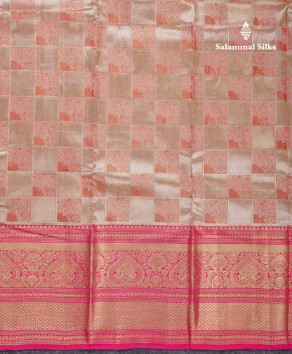 Beautiful Gold Checks Tissue Bridal Pure Mix Silk Saree With Contrast Pink Traditional Evening Morning Border