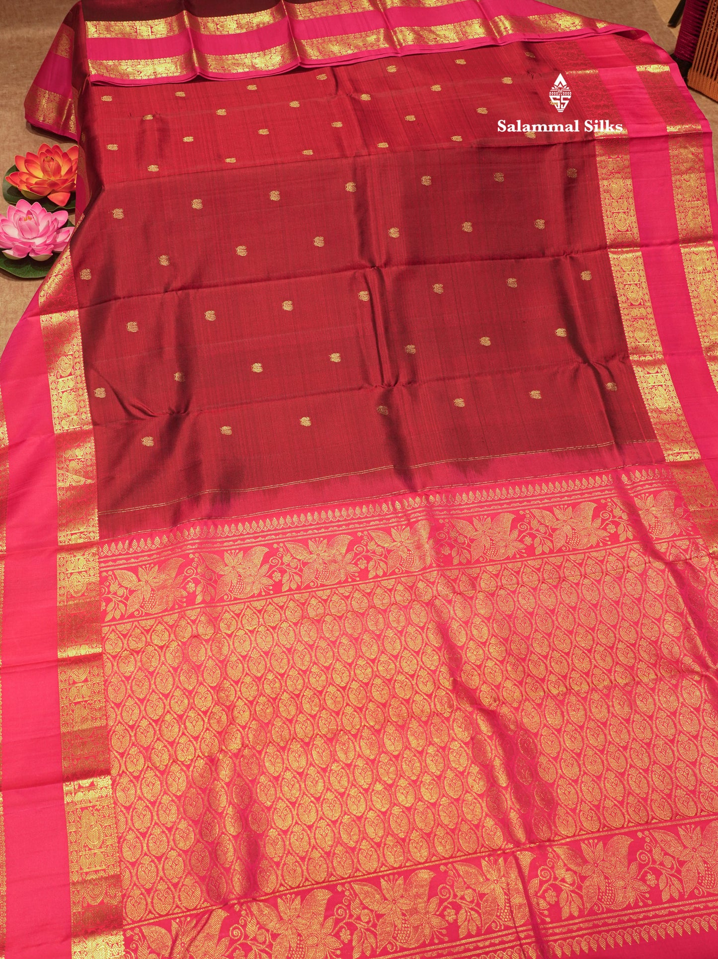 Dark Maroon Colour Pure Kanjivaram Silk Saree with Traditional Pink Double Border
