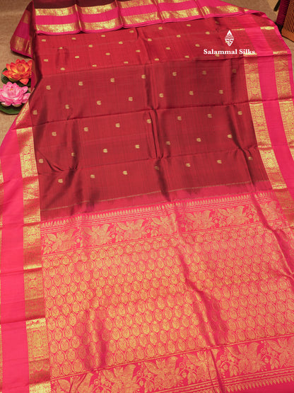 Dark Maroon Colour Pure Kanjivaram Silk Saree with Traditional Pink Double Border