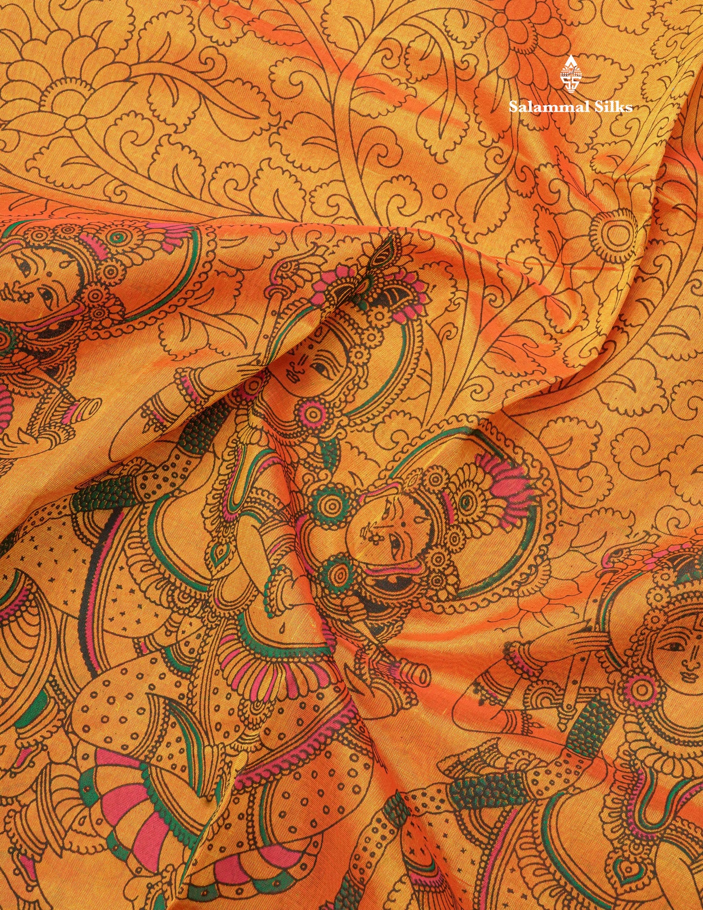 Beautiful Orangish yellow Kalamkari Design Pure Silk Cotton Saree With Ganga Jamuna Border