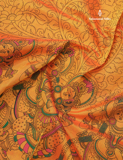 Beautiful Orangish yellow Kalamkari Design Pure Silk Cotton Saree With Ganga Jamuna Border