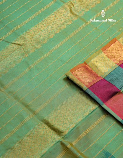 Beautiful Paalum Pazham Checks Pure Silk Cotton Saree With Contrast Sapphire Green Blouse