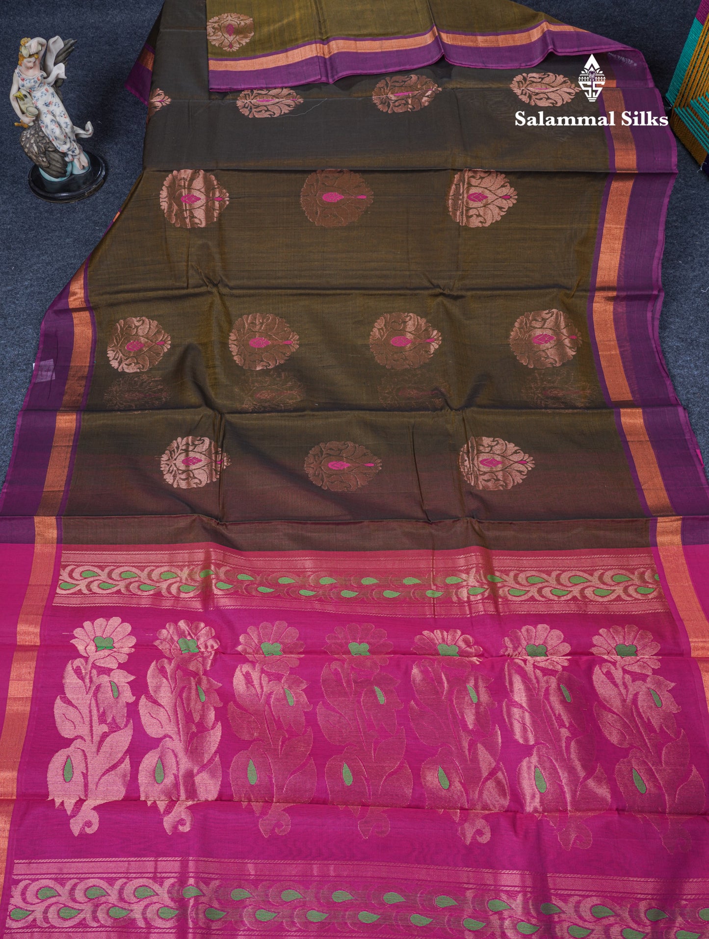 Olive Mustard Yellow Beautiful SICO Cotton Saree With Magenta Border