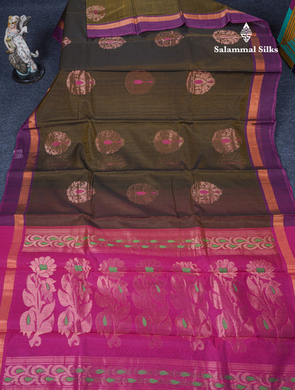 Olive Mustard Yellow Beautiful SICO Cotton Saree With Magenta Border