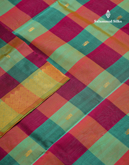 Beautiful Paalum Pazham Checks Pure Silk Cotton Saree With Contrast Sapphire Green Blouse