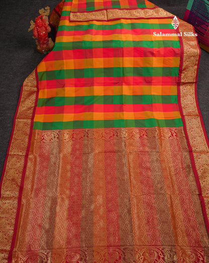 9 Yards Semi Silk Saree Paalum Pazham Checks With Contrast Maroon Traditional Border