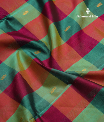 Beautiful Paalum Pazham Checks Pure Silk Cotton Saree With Contrast Sapphire Green Blouse