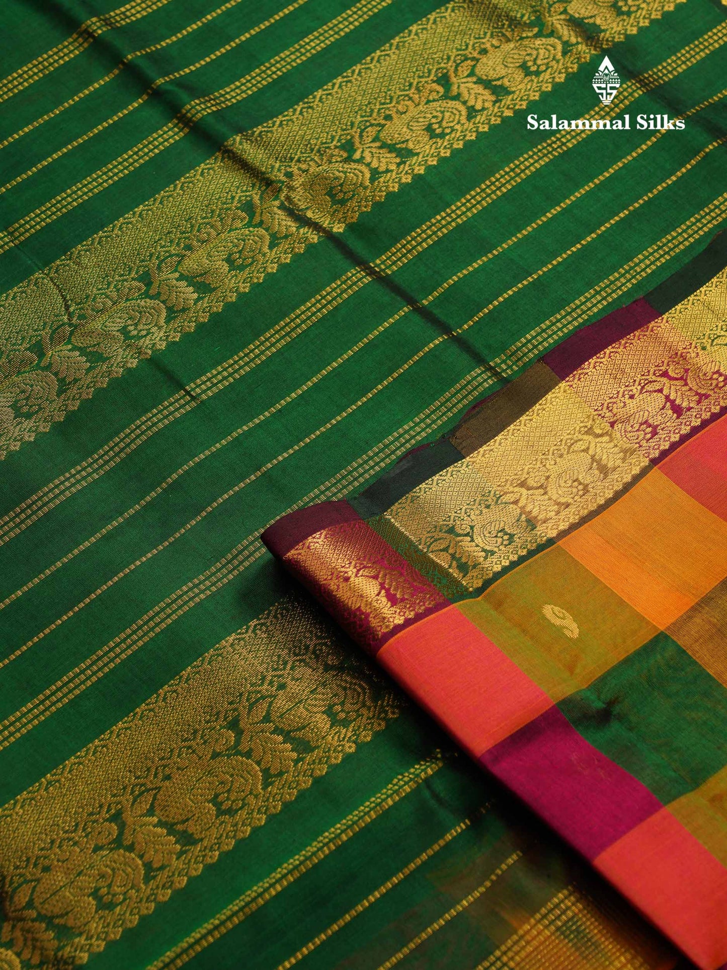 Beautiful Paalum Pazham Checks Pure Silk Cotton Saree With Contrast Bottle Green Blouse