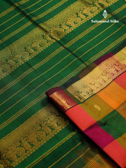 Beautiful Paalum Pazham Checks Pure Silk Cotton Saree With Contrast Bottle Green Blouse