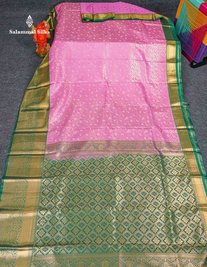 Bridal Semi Silk Saree -  Light Pink Colour Body With Contrast Bottle Green Evening Morning Border 
