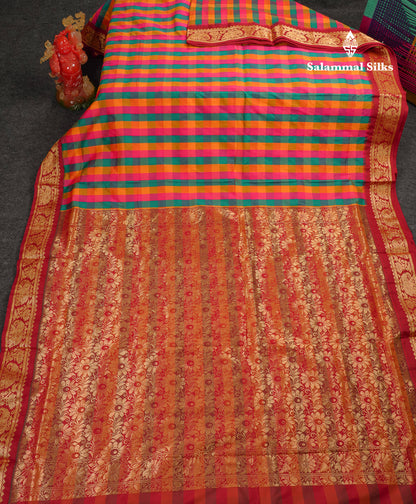 10 Yards Art Silk Saree Paalum Pazham Checks with Contrast Maroon Traditional Border