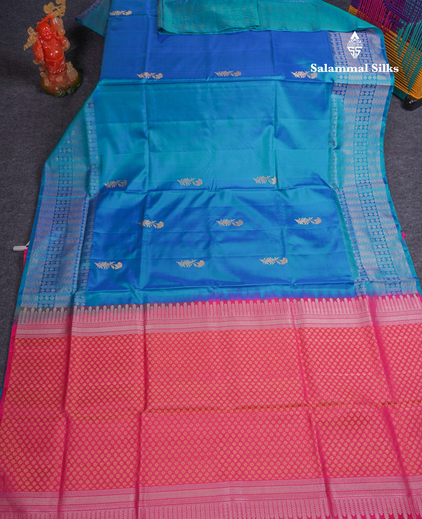 Beautiful Orange Pure Kanjivaram Soft Silk Saree With Contrast Sapphire Green Blouse