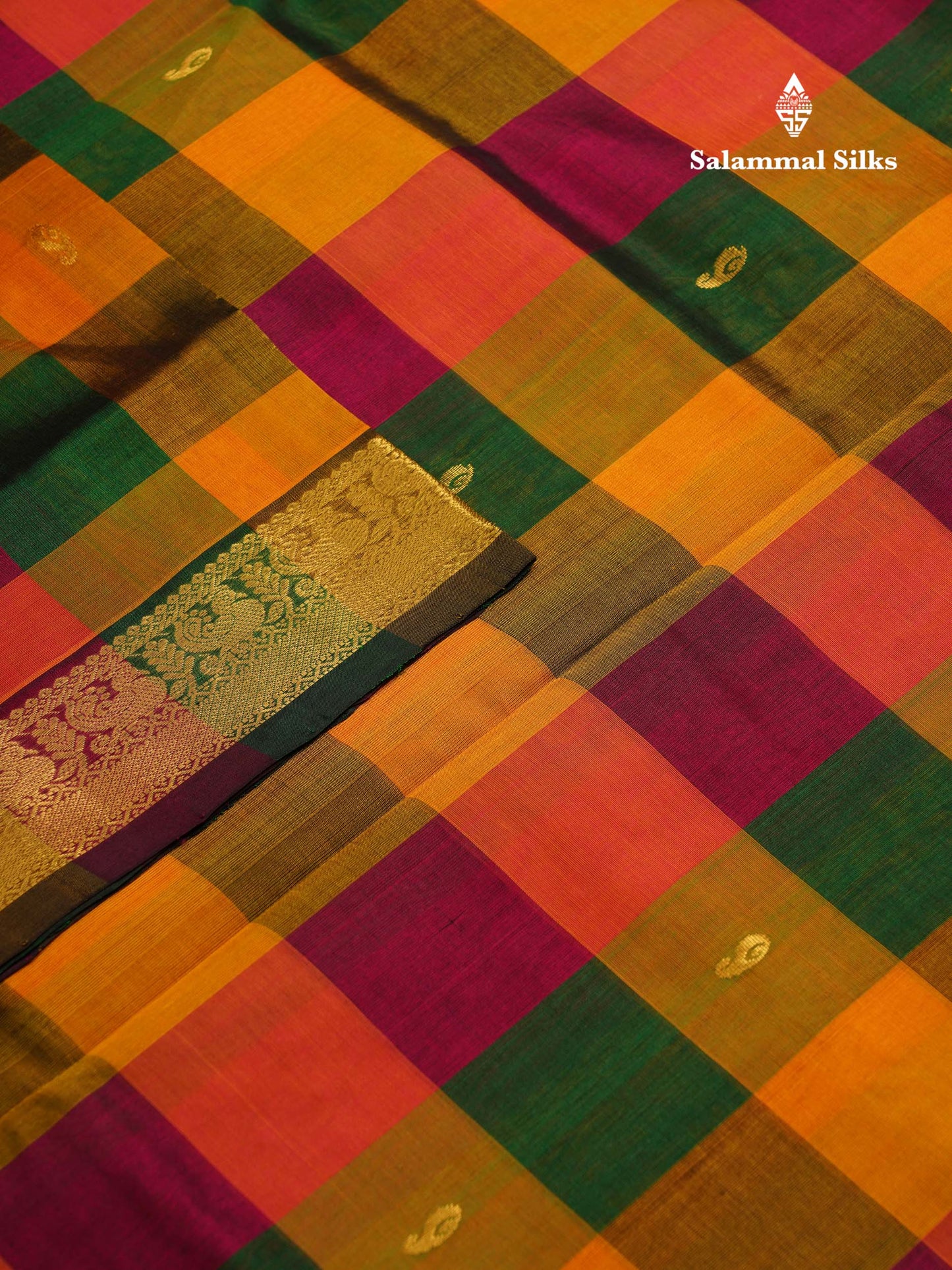 Beautiful Paalum Pazham Checks Pure Silk Cotton Saree With Contrast Bottle Green Blouse