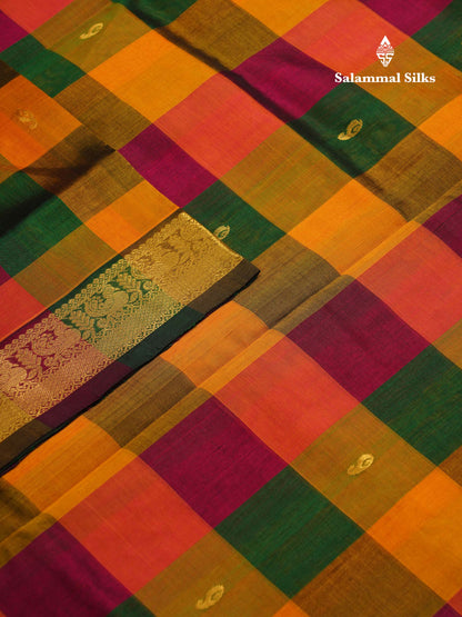 Beautiful Paalum Pazham Checks Pure Silk Cotton Saree With Contrast Bottle Green Blouse