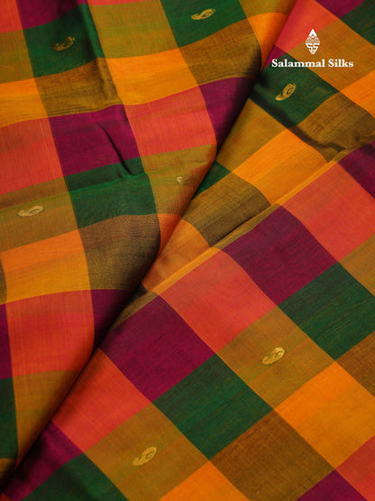 Beautiful Paalum Pazham Checks Pure Silk Cotton Saree With Contrast Bottle Green Blouse