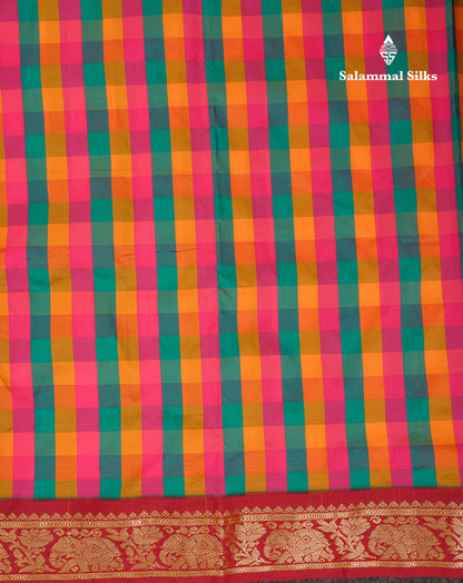 10 Yards Art Silk Saree Paalum Pazham Checks with Contrast Maroon Traditional Border