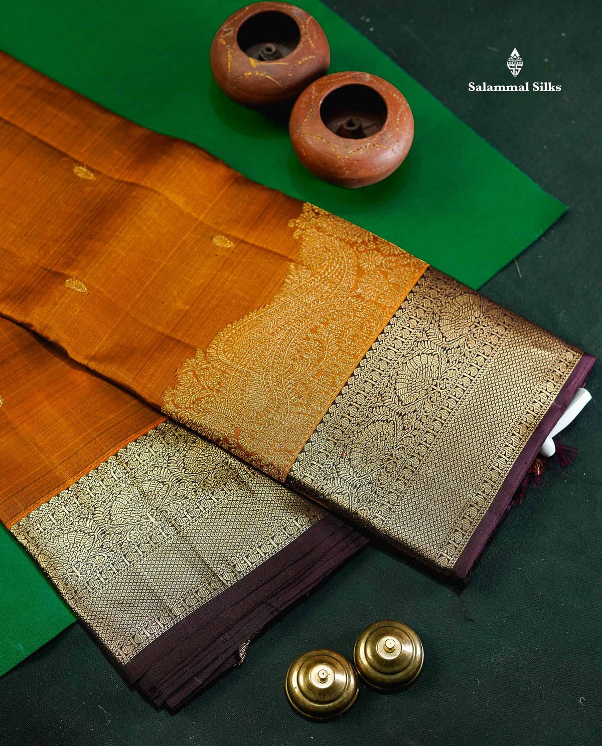 Beautiful Rust Orange Pure Kanjivaram Silk Saree With Contrast Dark Brown Traditional & Turning Border