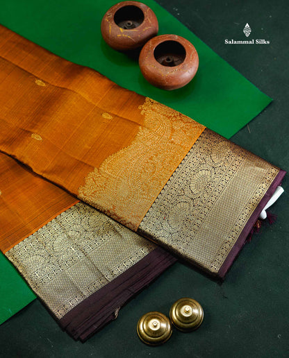 Beautiful Rust Orange Pure Kanjivaram Silk Saree With Contrast Dark Brown Traditional & Turning Border