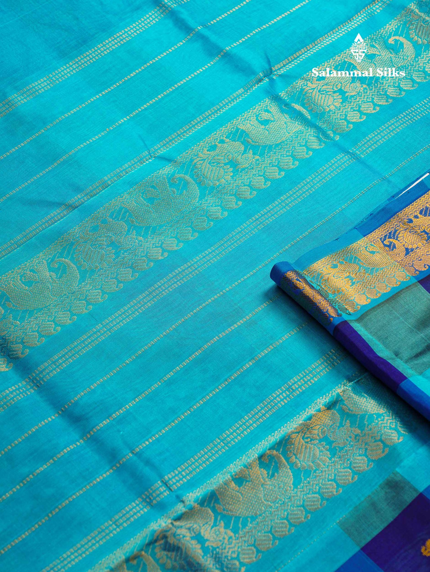 Beautiful Paalum Pazham Checks Pure Silk Cotton Saree With Contrast Sky Blue Blouse