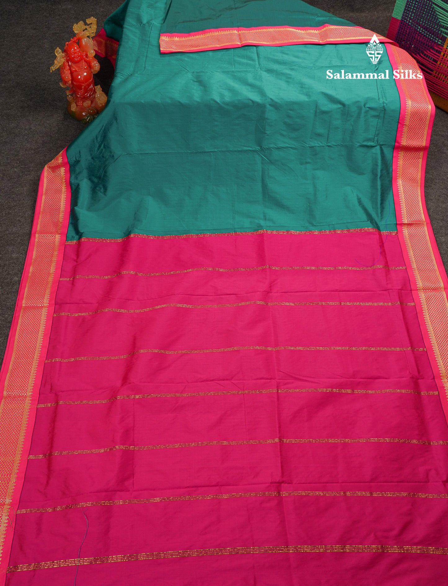 9 Yards Semi Silk Saree Peacock Green With Contrast Pink Traditional Border