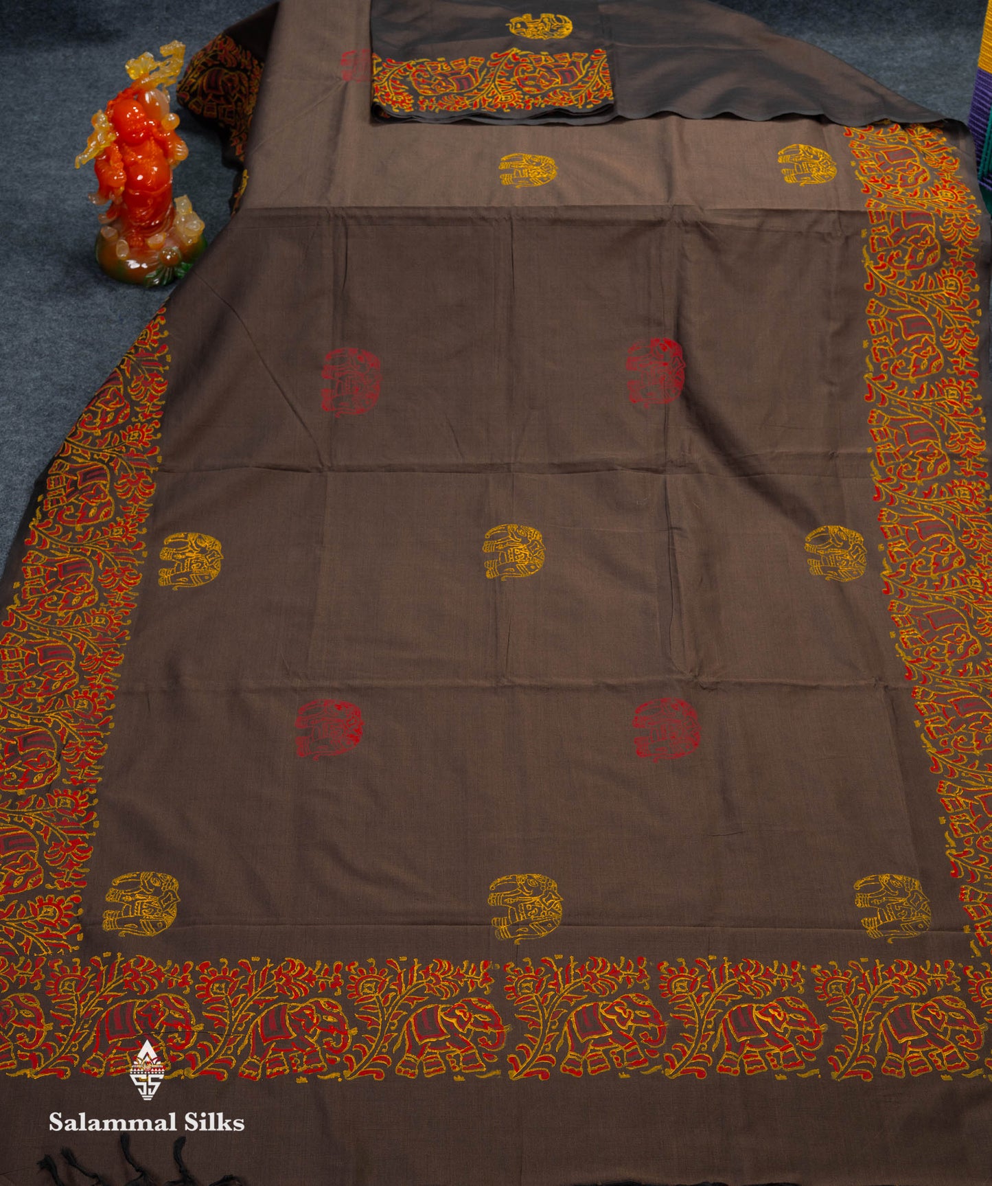 Beautiful Dark Brown Printed South Cotton Saree With Contrast Orange Blouse