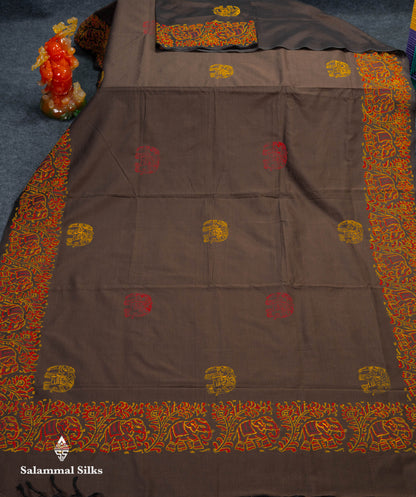 Beautiful Dark Brown Printed South Cotton Saree With Contrast Orange Blouse
