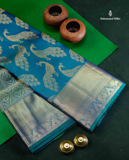 Beautiful Dual Tone Peacock Blue Bridal Pure Kanjivaram Silk Saree With Traditional Border