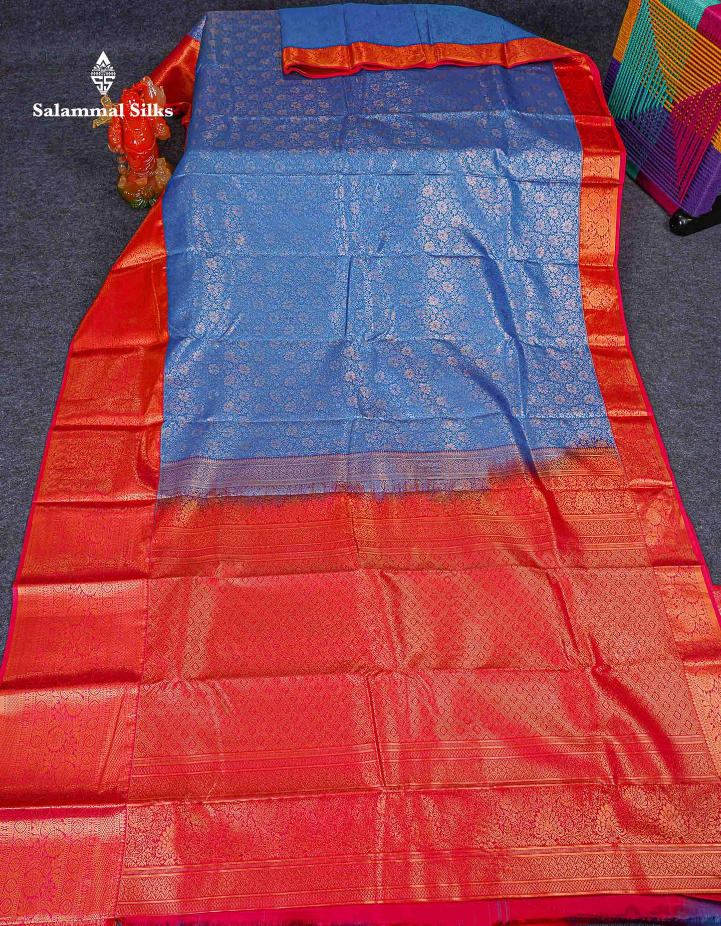Bridal Semi Silk Saree - Anandha Blue Colour Body With Contrast Chilly Red Evening Morning Border