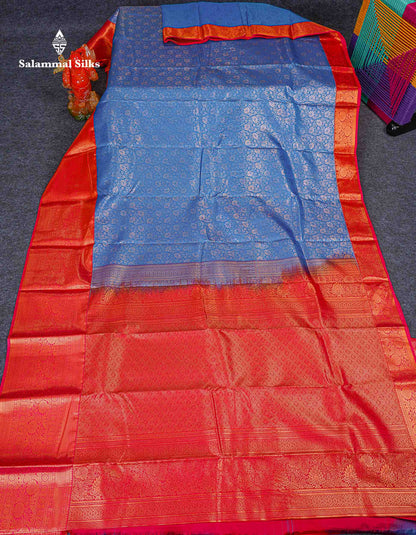Bridal Semi Silk Saree - Anandha Blue Colour Body With Contrast Chilly Red Evening Morning Border