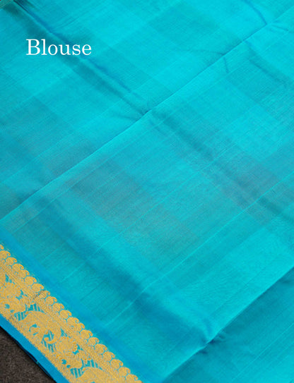 Beautiful Paalum Pazham Checks Pure Silk Cotton Saree With Contrast Sky Blue Blouse