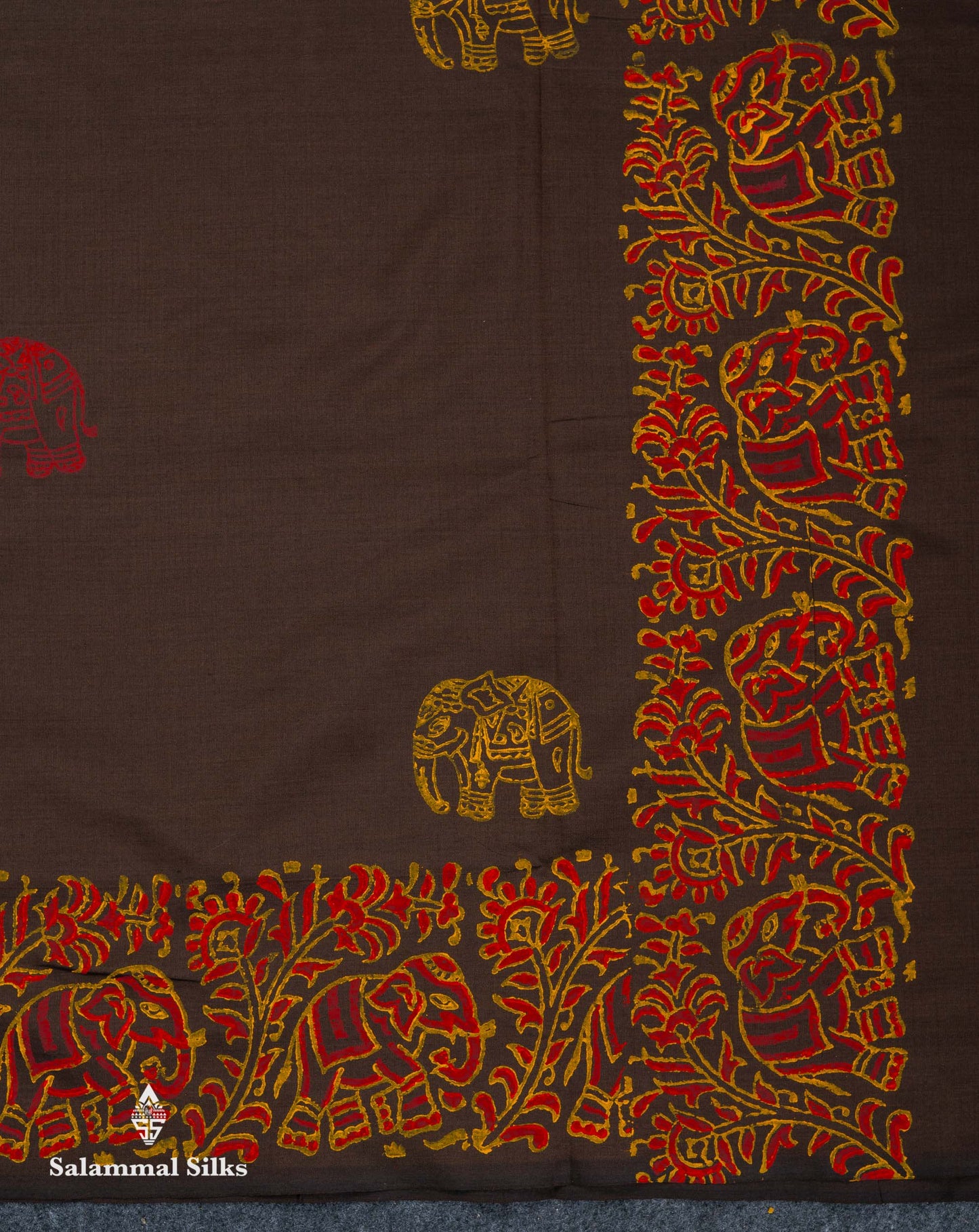 Beautiful Dark Brown Printed South Cotton Saree With Contrast Orange Blouse