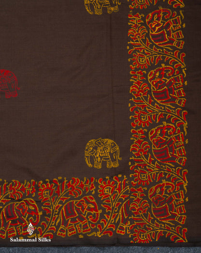 Beautiful Dark Brown Printed South Cotton Saree With Contrast Orange Blouse