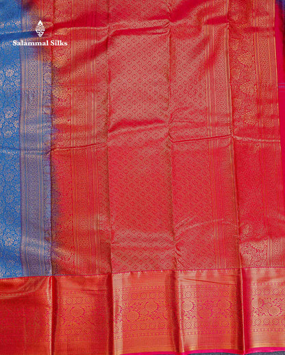Bridal Semi Silk Saree - Anandha Blue Colour Body With Contrast Chilly Red Evening Morning Border