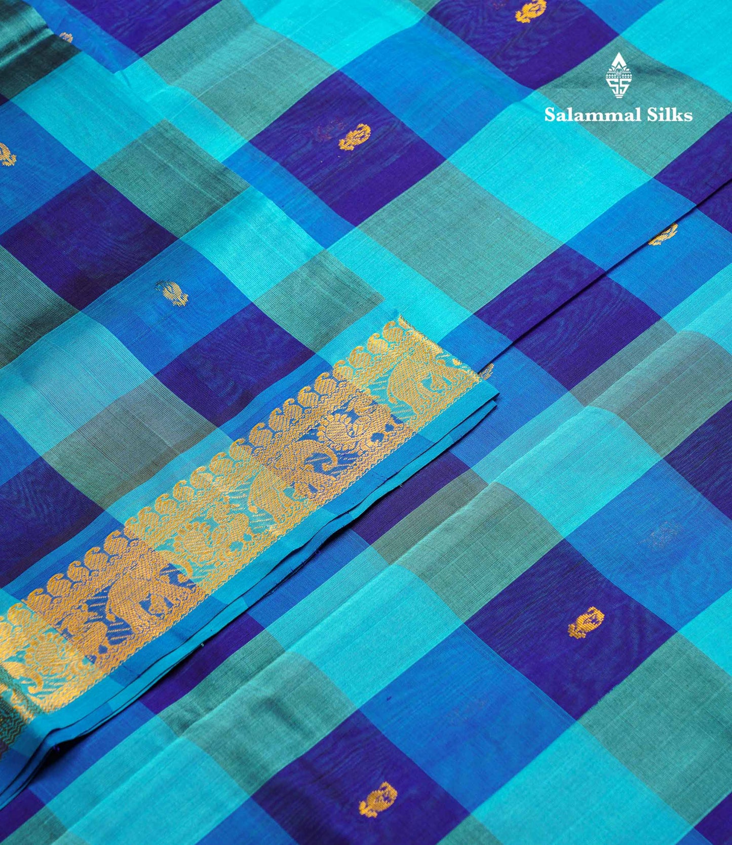 Beautiful Paalum Pazham Checks Pure Silk Cotton Saree With Contrast Sky Blue Blouse