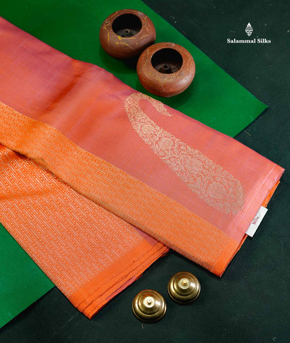 Pinkish Orange Fancy Pure Kanjivaram Silk Saree With Orange Blouse