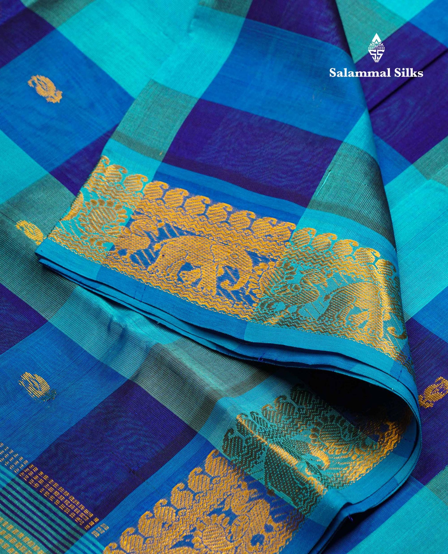 Beautiful Paalum Pazham Checks Pure Silk Cotton Saree With Contrast Sky Blue Blouse