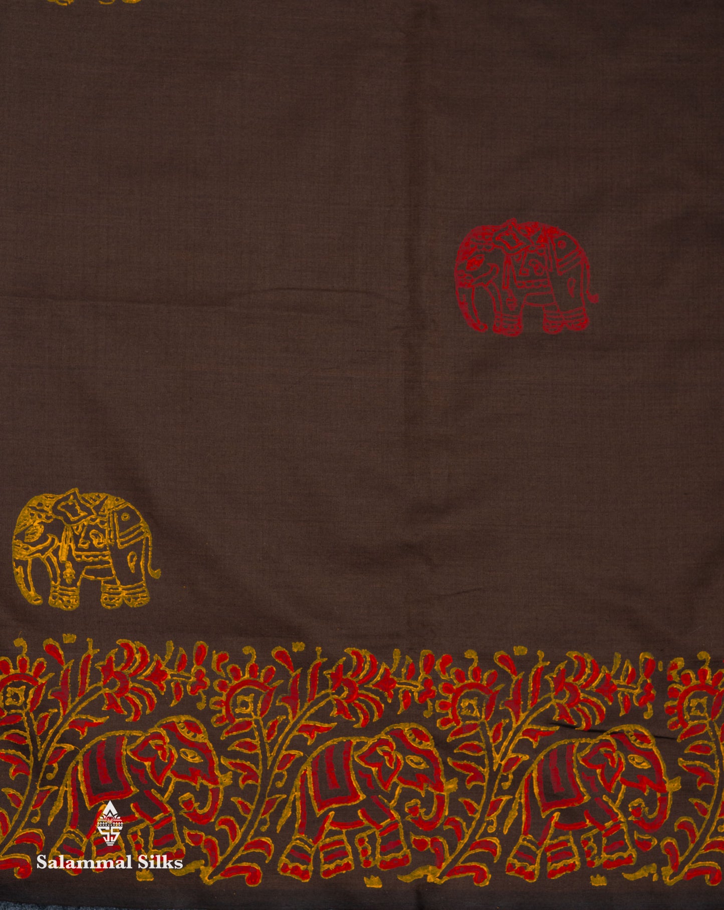 Beautiful Dark Brown Printed South Cotton Saree With Contrast Orange Blouse
