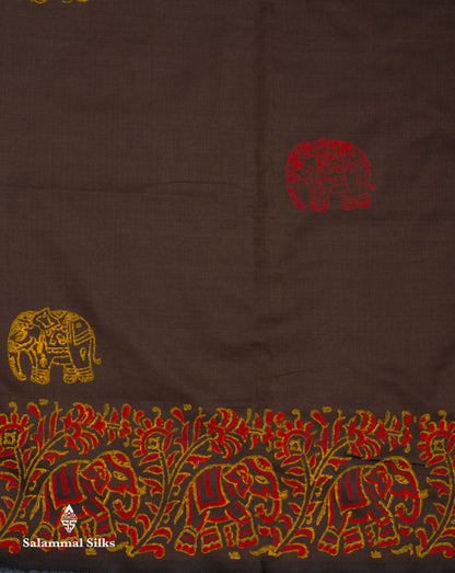 Beautiful Dark Brown Printed South Cotton Saree With Contrast Orange Blouse