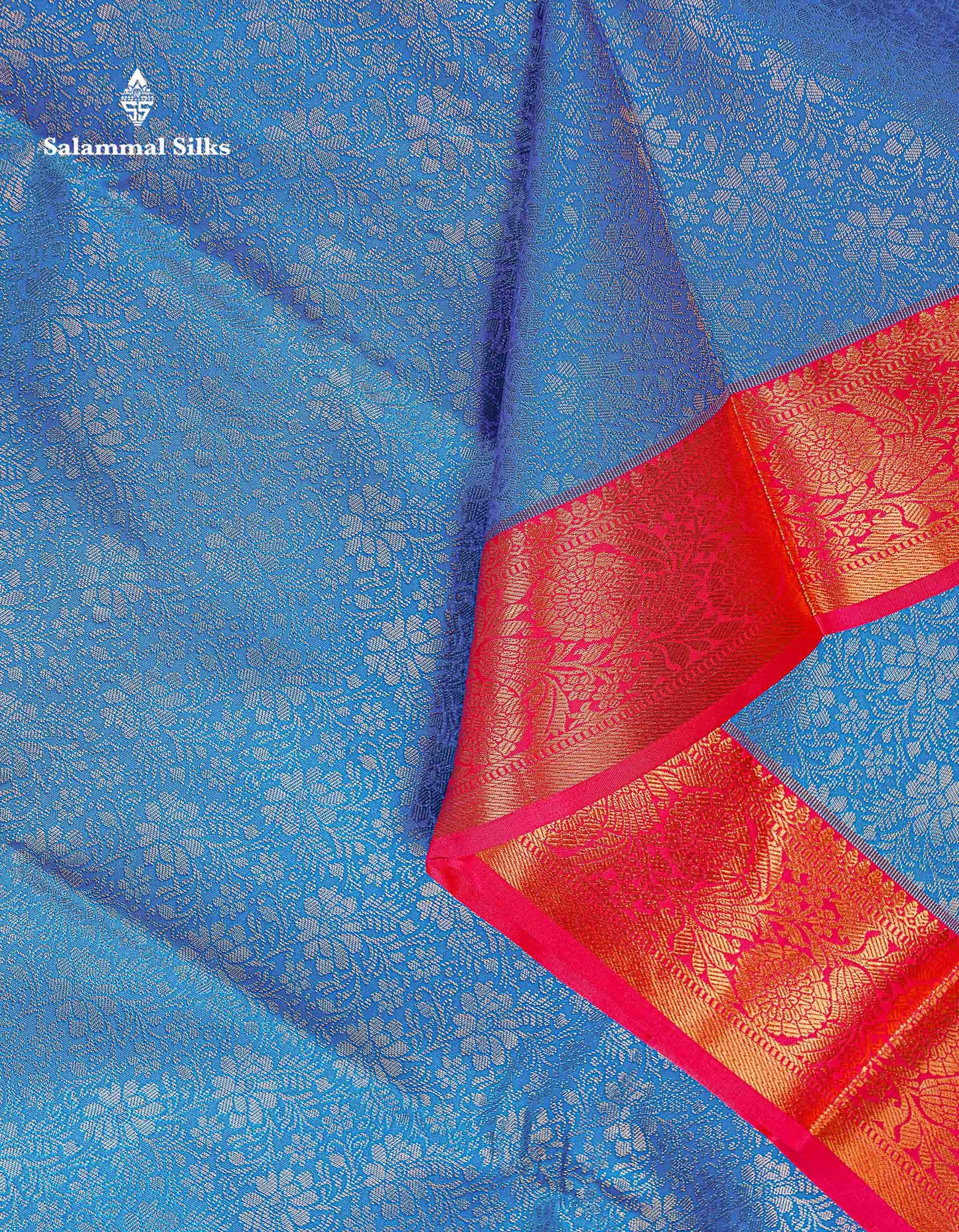 Bridal Semi Silk Saree - Anandha Blue Colour Body With Contrast Chilly Red Evening Morning Border