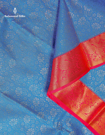 Bridal Semi Silk Saree - Anandha Blue Colour Body With Contrast Chilly Red Evening Morning Border