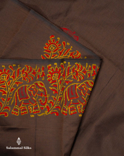 Beautiful Dark Brown Printed South Cotton Saree With Contrast Orange Blouse