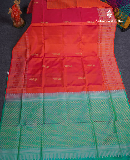 Beautiful Orange Pure Kanjivaram Soft Silk Saree With Contrast Sapphire Green Blouse