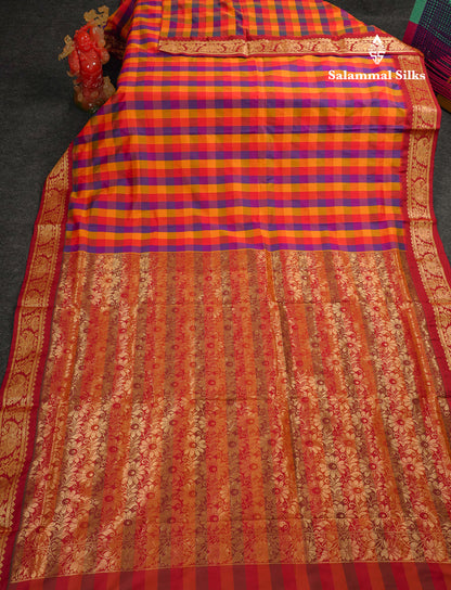 10 Yards Art Silk Saree Paalum Pazham Checks with Contrast Maroon Traditional Border