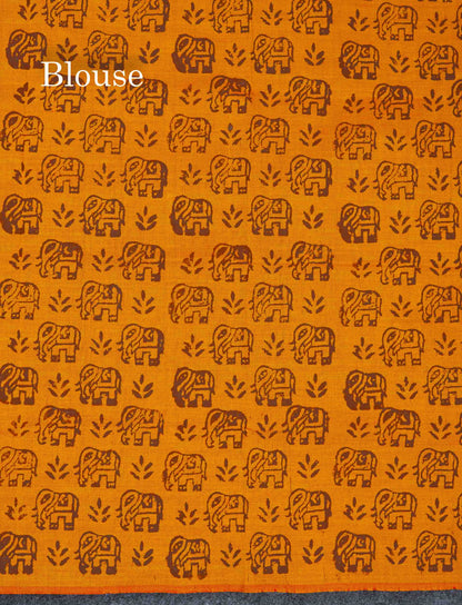 Beautiful Dark Brown Printed South Cotton Saree With Contrast Orange Blouse
