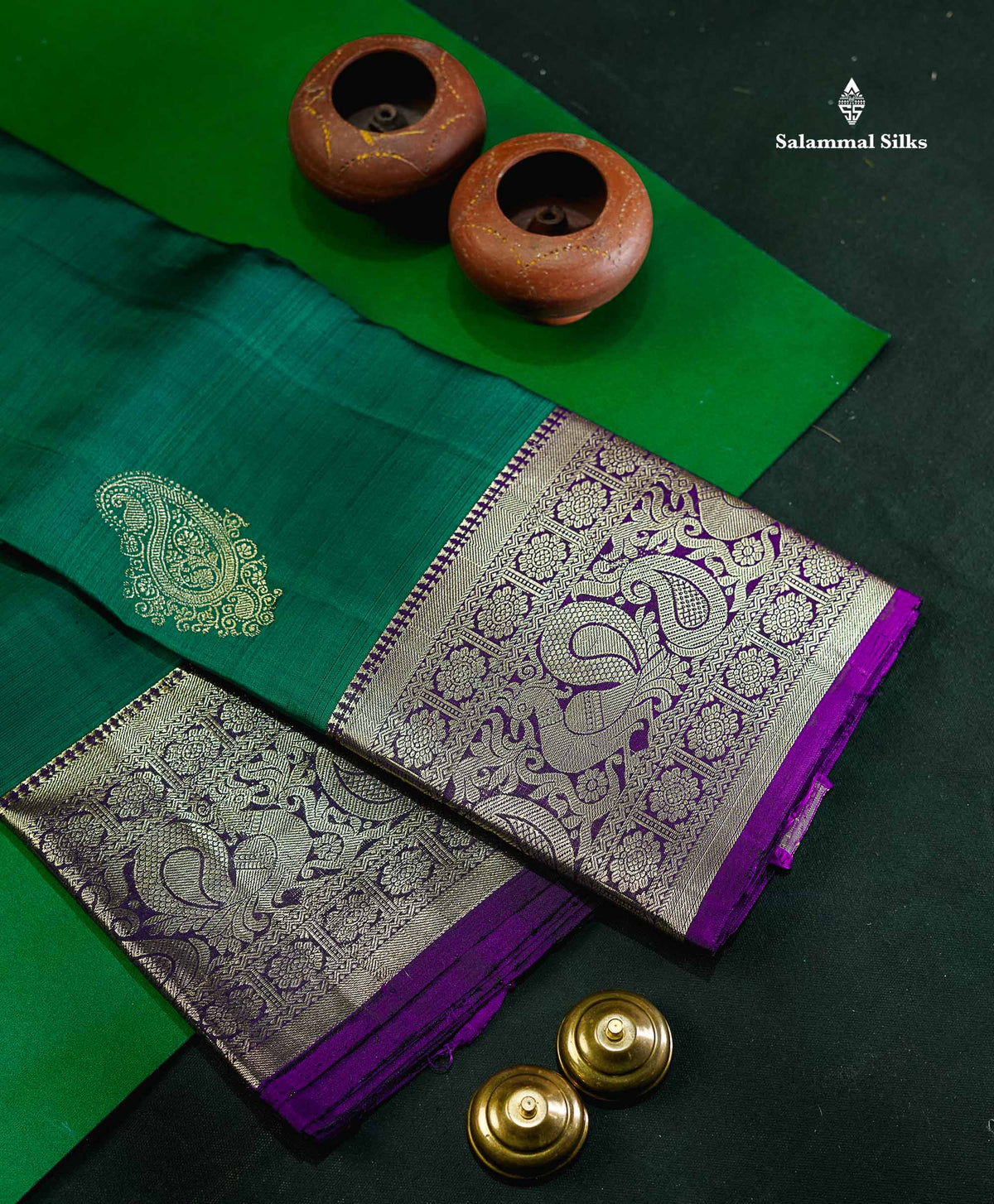 Beautiful Teal Green Pure Kanjivaram Silk Saree With Contrast Violet Traditional Border